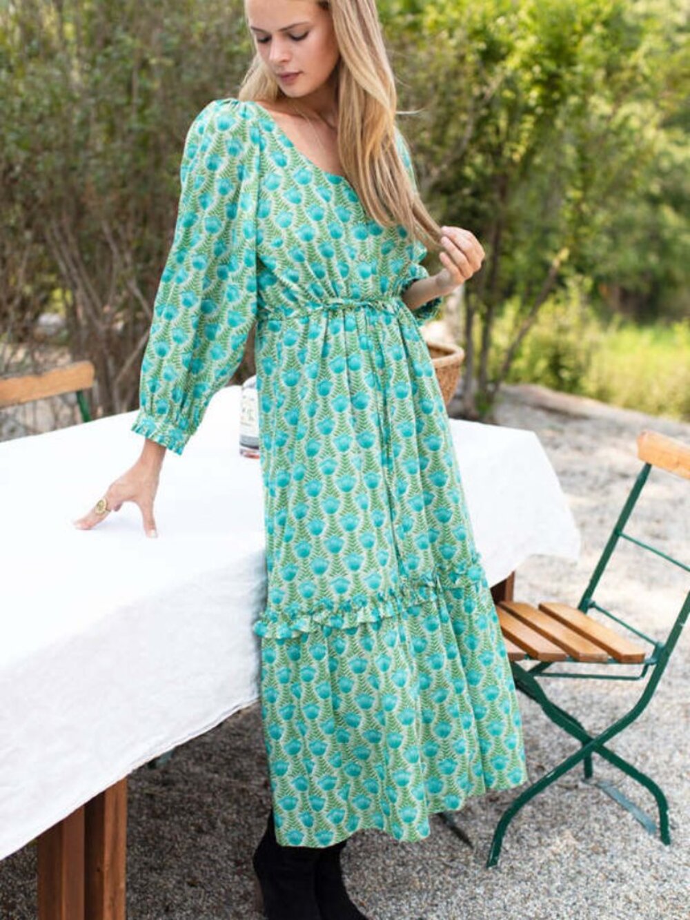 Emerson Fry Lucy Long Sleeve Midi Dress Frida Blue & Green $188 Size Medium